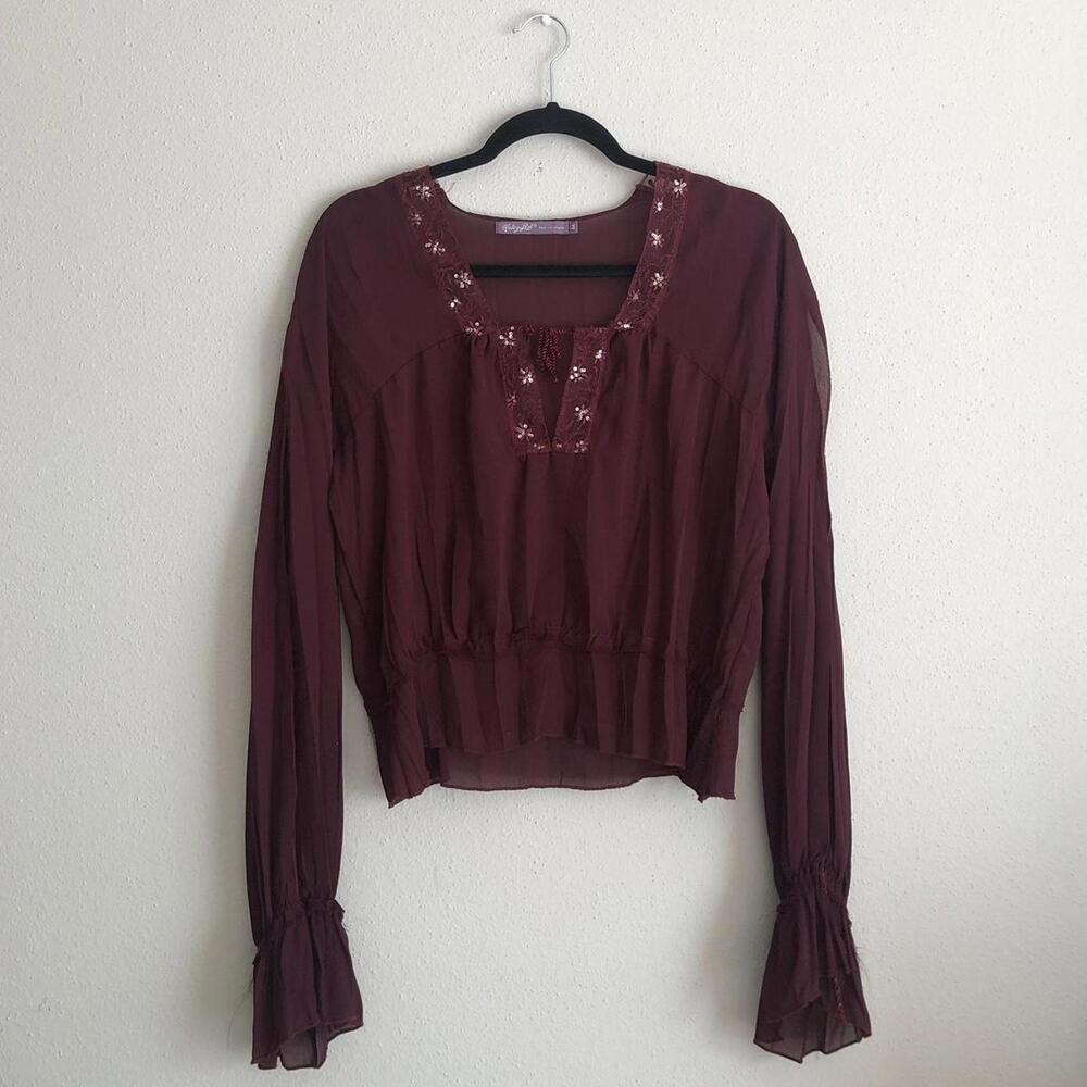 ✨SOLD✨ Haley Bob Medium Burgundy Embroidered Ruffle Long Sleeve Blouse
